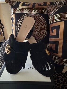 Gucci Black Suede Fringe Marmont Mule with Gold Hardware